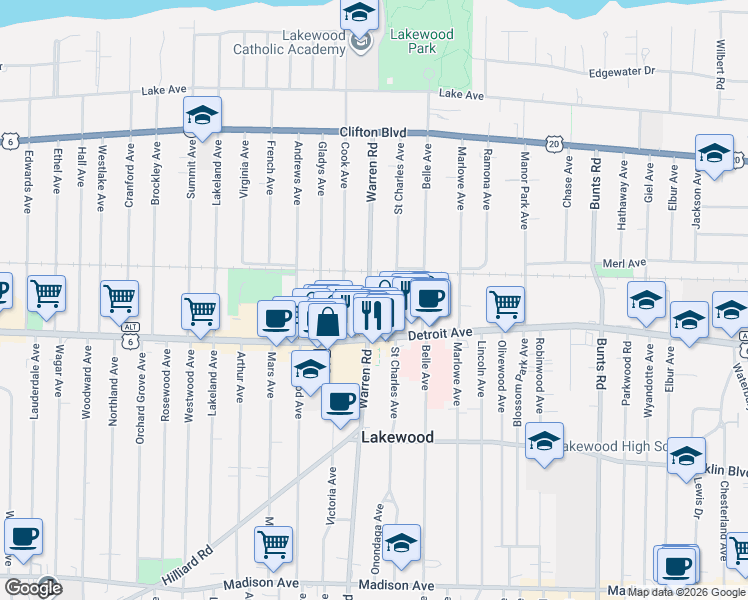 map of restaurants, bars, coffee shops, grocery stores, and more near 1337 Warren Road in Lakewood
