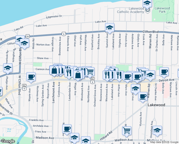 map of restaurants, bars, coffee shops, grocery stores, and more near 1334 Cranford Avenue in Lakewood