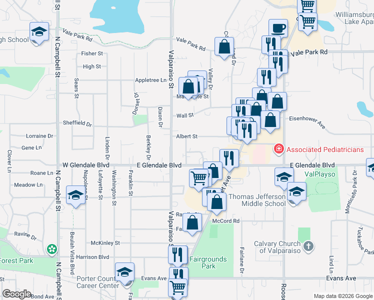 map of restaurants, bars, coffee shops, grocery stores, and more near 2007 Rebecca Street in Valparaiso