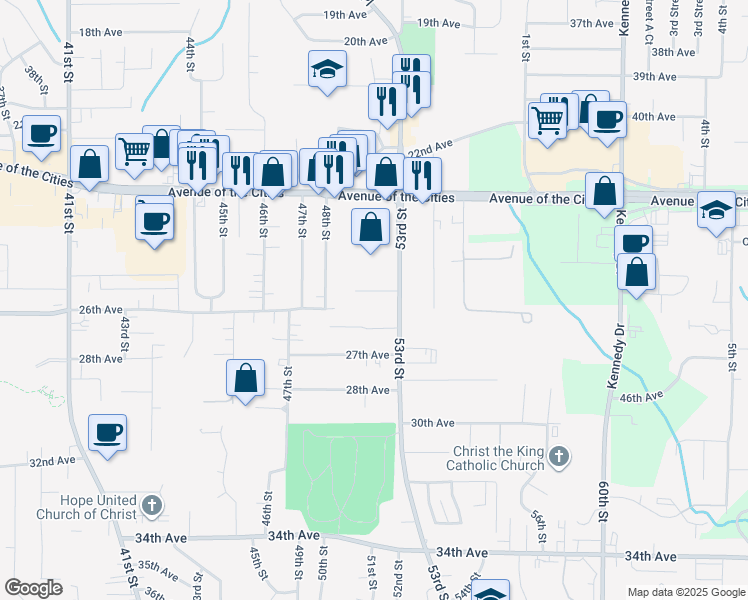 map of restaurants, bars, coffee shops, grocery stores, and more near 5211 25th Avenue Court in Moline