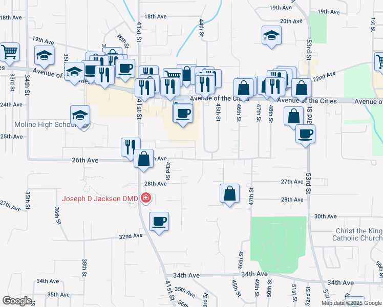 map of restaurants, bars, coffee shops, grocery stores, and more near 2417 44th St in Moline