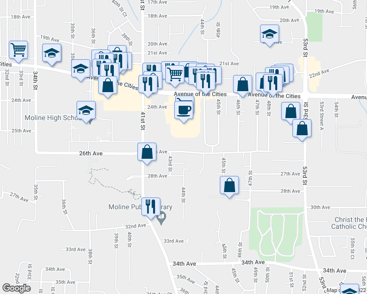 map of restaurants, bars, coffee shops, grocery stores, and more near 4313 26th Avenue in Moline