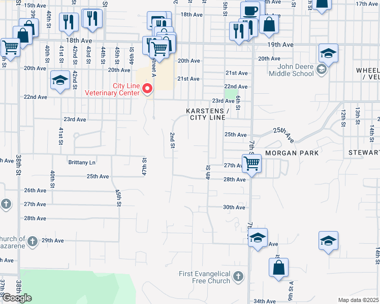 map of restaurants, bars, coffee shops, grocery stores, and more near 315 26th Avenue Court in Moline