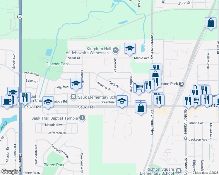 map of restaurants, bars, coffee shops, grocery stores, and more near 4214 Clark Drive in Richton Park