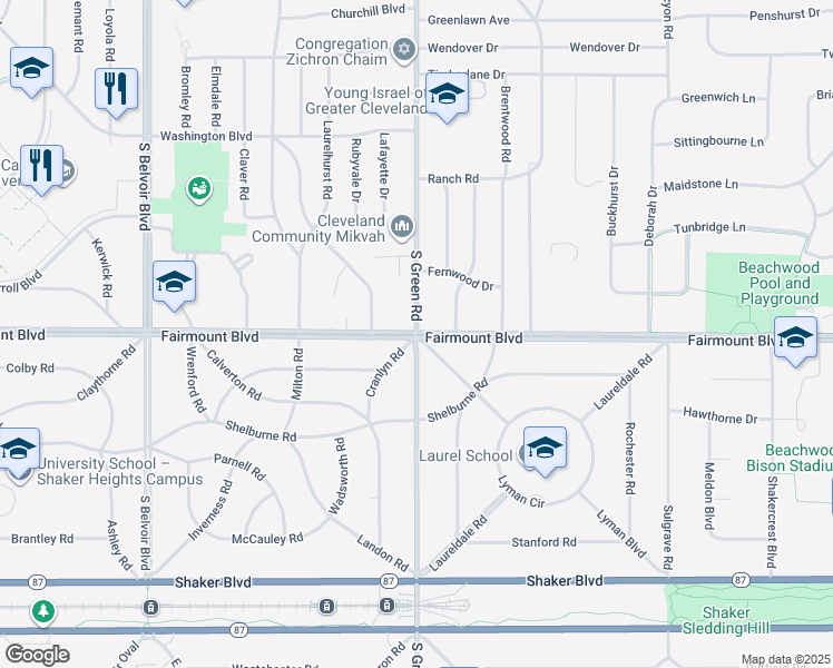 map of restaurants, bars, coffee shops, grocery stores, and more near 2664 Green Road in Shaker Heights