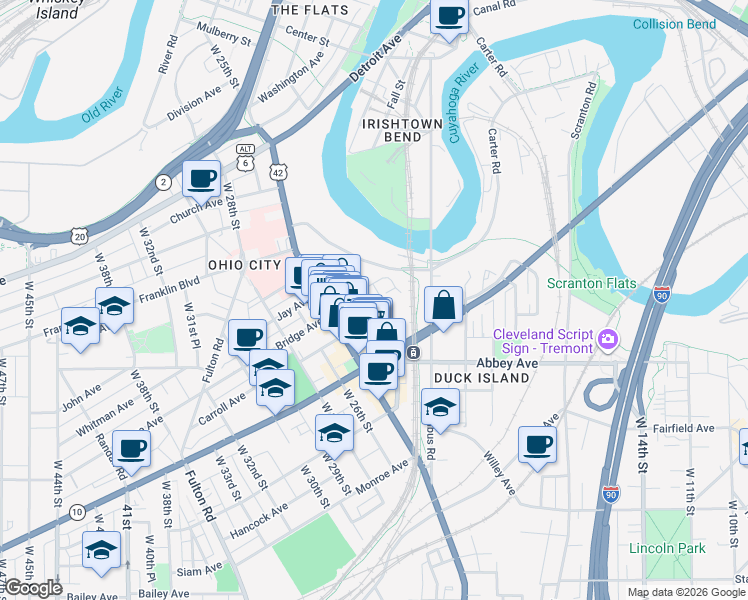 map of restaurants, bars, coffee shops, grocery stores, and more near 2352 Bridge Avenue in Cleveland