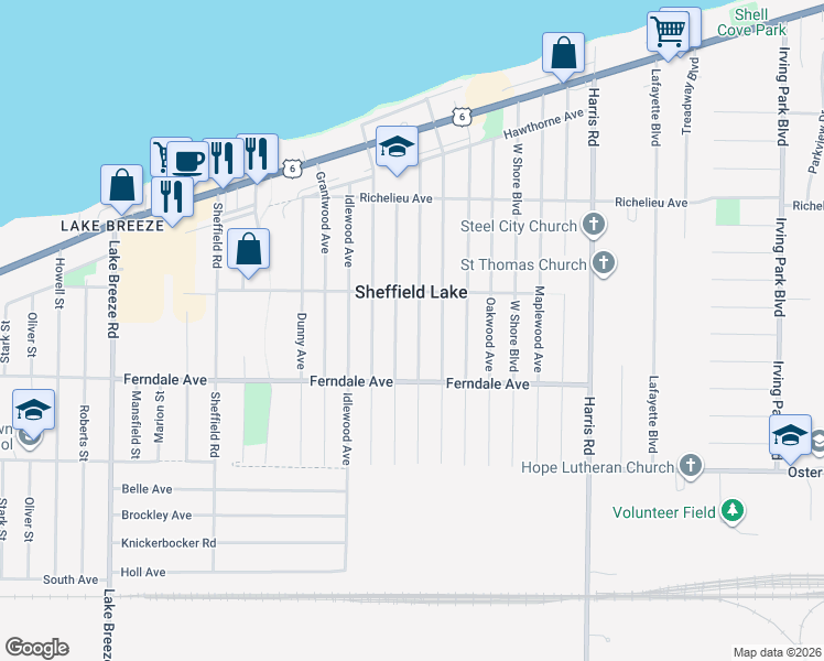map of restaurants, bars, coffee shops, grocery stores, and more near 738 Pasadena Avenue in Sheffield Lake