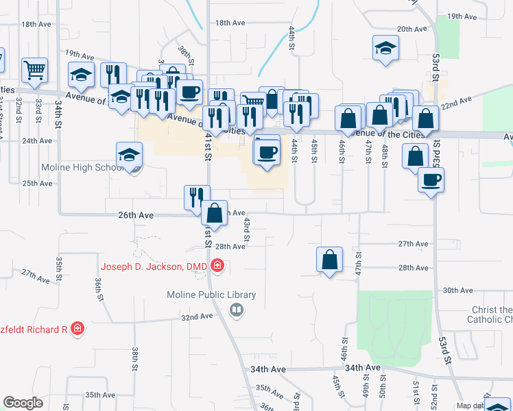 map of restaurants, bars, coffee shops, grocery stores, and more near 4313 26th Avenue in Moline