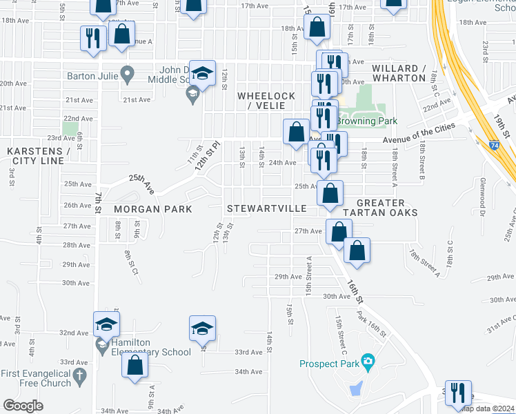 map of restaurants, bars, coffee shops, grocery stores, and more near 2531 14th Street in Moline