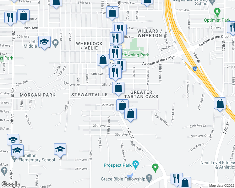 map of restaurants, bars, coffee shops, grocery stores, and more near 1598 26th Avenue in Moline