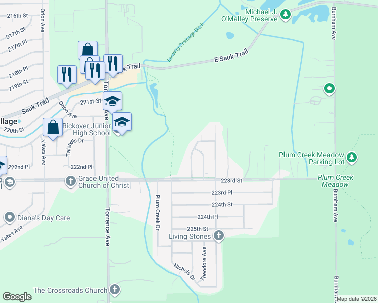 map of restaurants, bars, coffee shops, grocery stores, and more near 22200 Peach Tree Avenue in Sauk Village