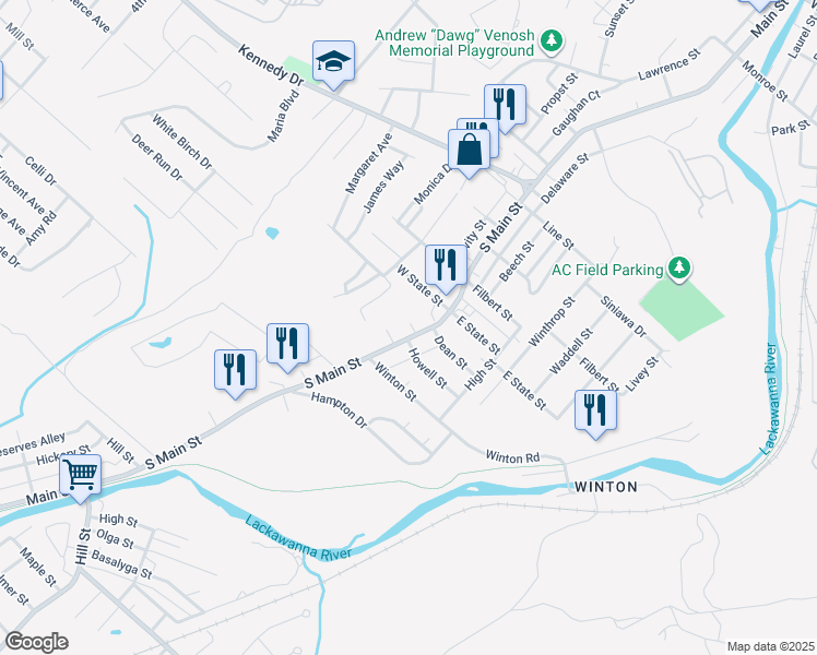 map of restaurants, bars, coffee shops, grocery stores, and more near 140-142 Main Street in Archbald