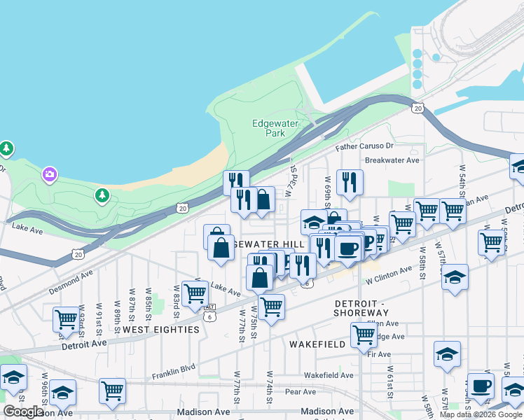 map of restaurants, bars, coffee shops, grocery stores, and more near 7524 Father Frascati in Cleveland
