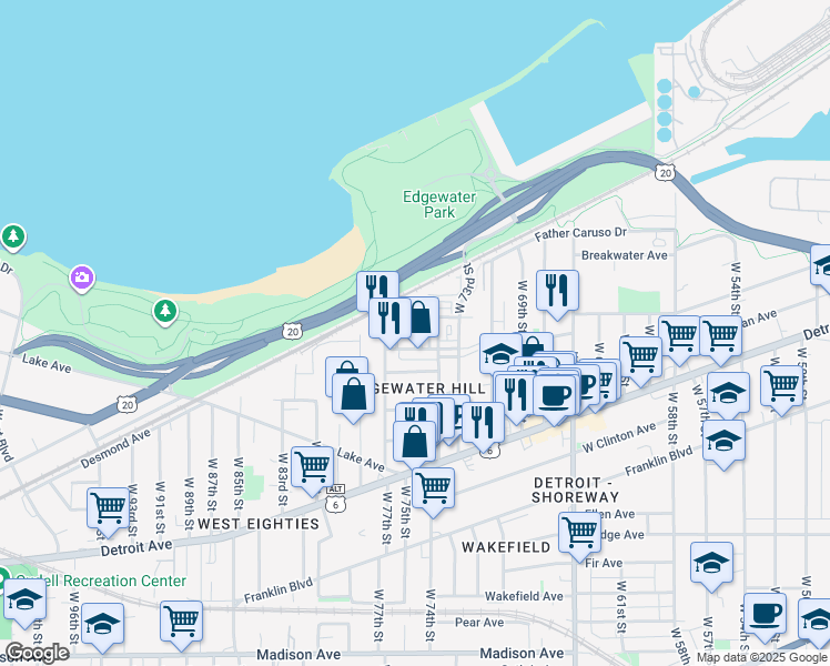 map of restaurants, bars, coffee shops, grocery stores, and more near West 75th Street in Cleveland