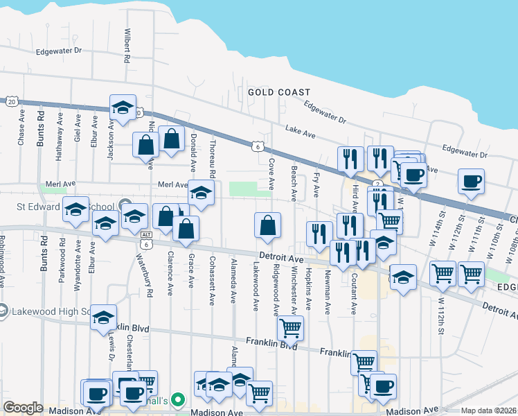map of restaurants, bars, coffee shops, grocery stores, and more near 1314 Cove Avenue in Lakewood