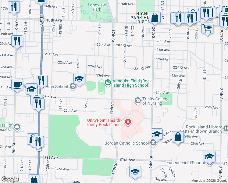 map of restaurants, bars, coffee shops, grocery stores, and more near 2409-2423 17th Street in Rock Island