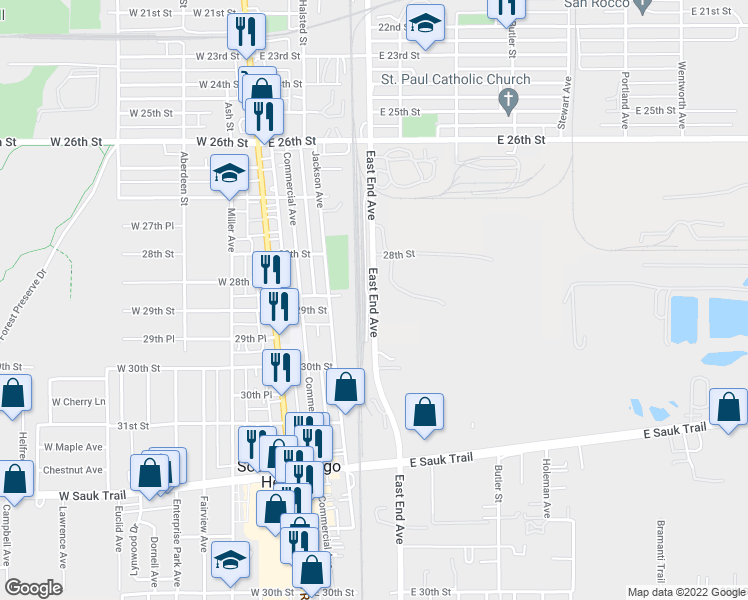 map of restaurants, bars, coffee shops, grocery stores, and more near 2901 East End Avenue in Chicago Heights