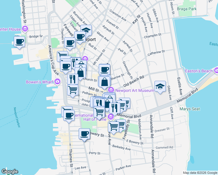 map of restaurants, bars, coffee shops, grocery stores, and more near 50 Bellevue Avenue in Newport
