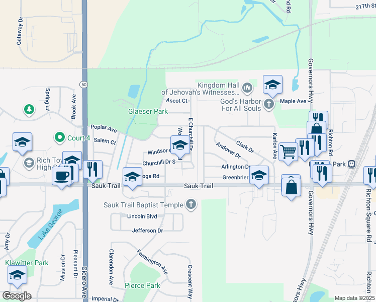 map of restaurants, bars, coffee shops, grocery stores, and more near 22148 East Churchill Drive in Richton Park
