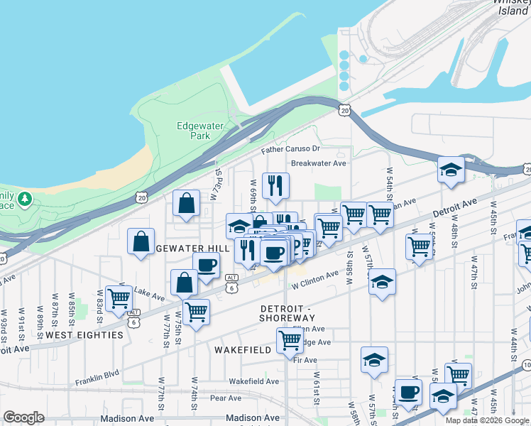 map of restaurants, bars, coffee shops, grocery stores, and more near 6702 Herman Avenue in Cleveland