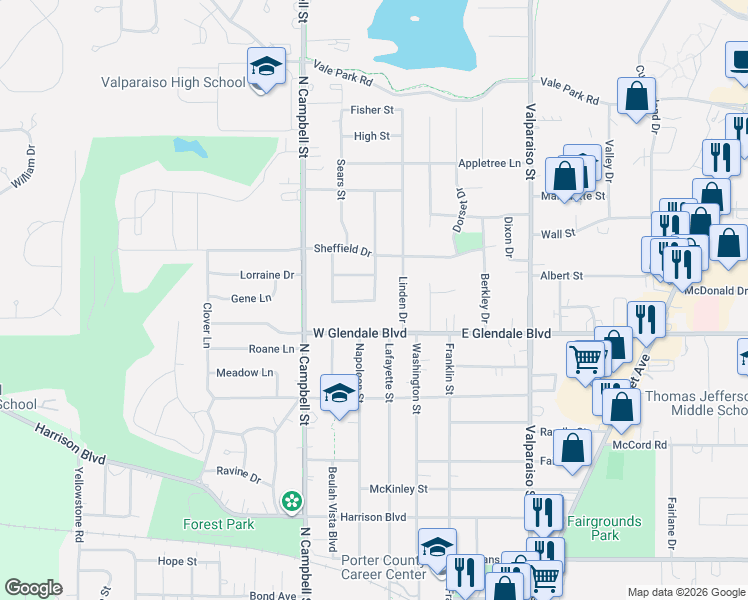 map of restaurants, bars, coffee shops, grocery stores, and more near 2001 Vine Street in Valparaiso