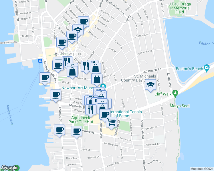 map of restaurants, bars, coffee shops, grocery stores, and more near 8 Cottage Street in Newport