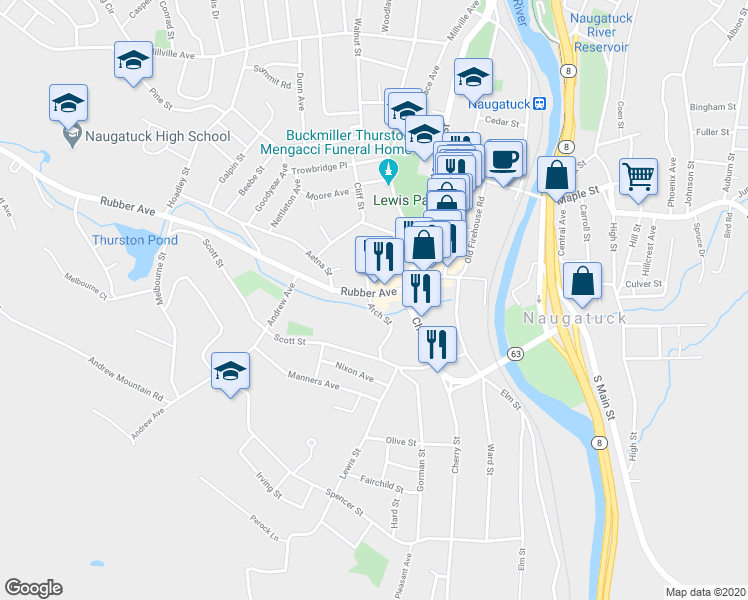 map of restaurants, bars, coffee shops, grocery stores, and more near 239 Rubber Avenue in Naugatuck