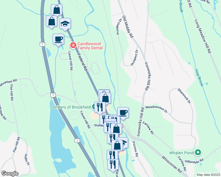 map of restaurants, bars, coffee shops, grocery stores, and more near 871 Federal Road in Brookfield