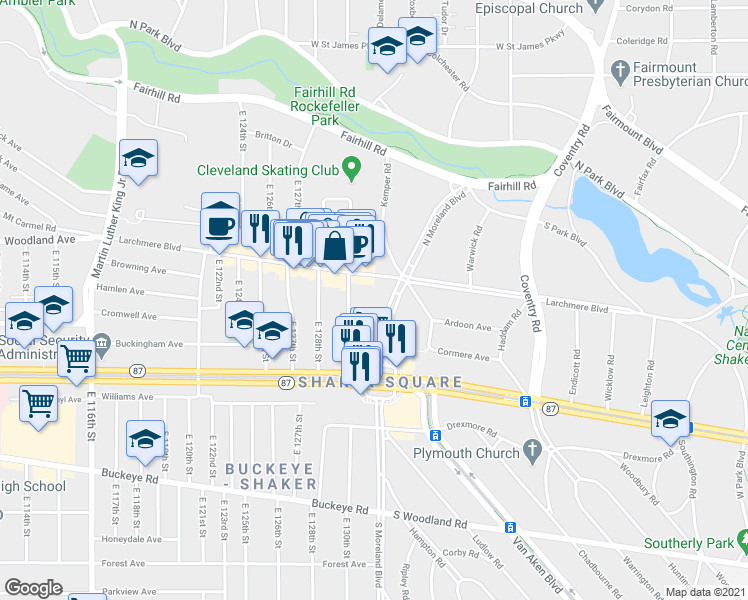 map of restaurants, bars, coffee shops, grocery stores, and more near in Cleveland