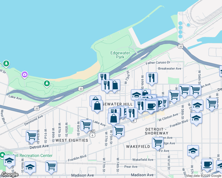 map of restaurants, bars, coffee shops, grocery stores, and more near 7524 Father Frascati in Cleveland