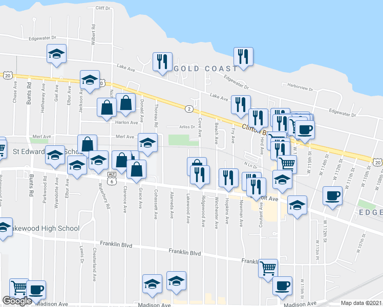 map of restaurants, bars, coffee shops, grocery stores, and more near 1314 Cove Avenue in Lakewood