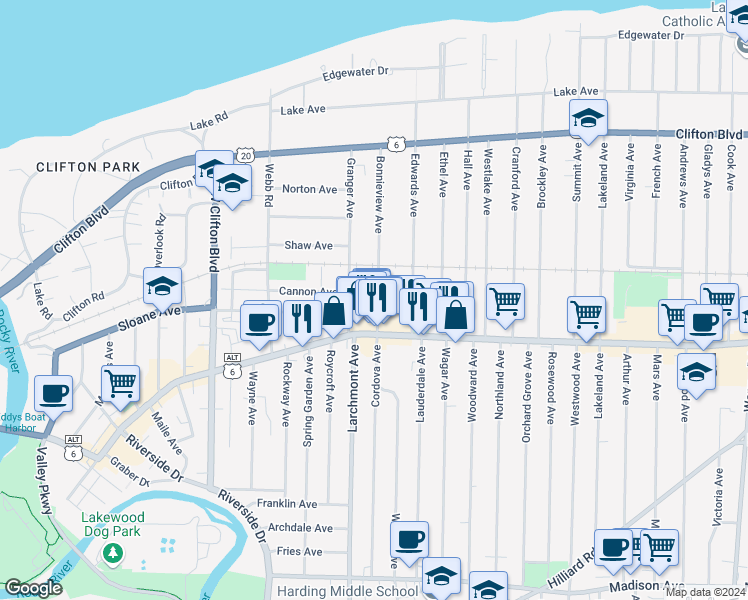 map of restaurants, bars, coffee shops, grocery stores, and more near 1340 Bonnieview Avenue in Lakewood