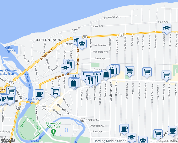map of restaurants, bars, coffee shops, grocery stores, and more near 1314 Webb Road in Lakewood