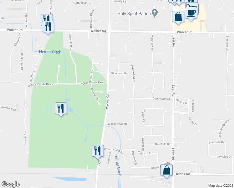 map of restaurants, bars, coffee shops, grocery stores, and more near 641 Landerwood Lane in Avon Lake