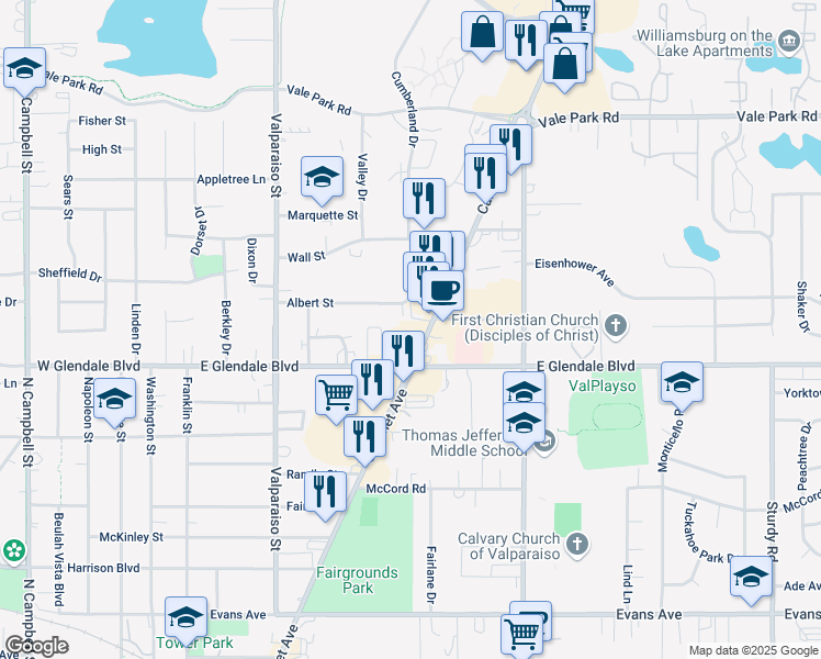 map of restaurants, bars, coffee shops, grocery stores, and more near 500-848 Albert St in Valparaiso