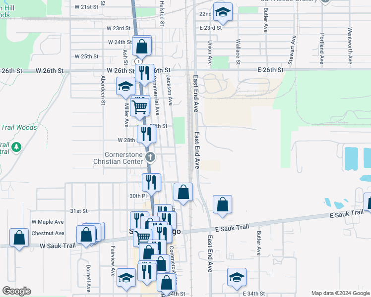 map of restaurants, bars, coffee shops, grocery stores, and more near 2901 East End Avenue in Chicago Heights