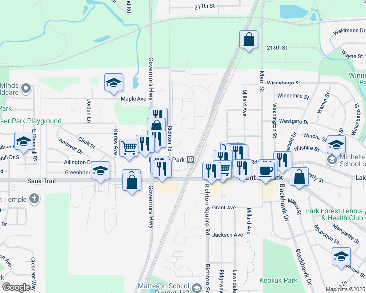 map of restaurants, bars, coffee shops, grocery stores, and more near 3901 Mill Drive in Richton Park