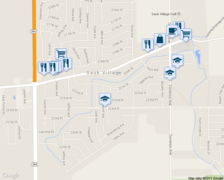 map of restaurants, bars, coffee shops, grocery stores, and more near 22201 Paxton Avenue in Chicago Heights