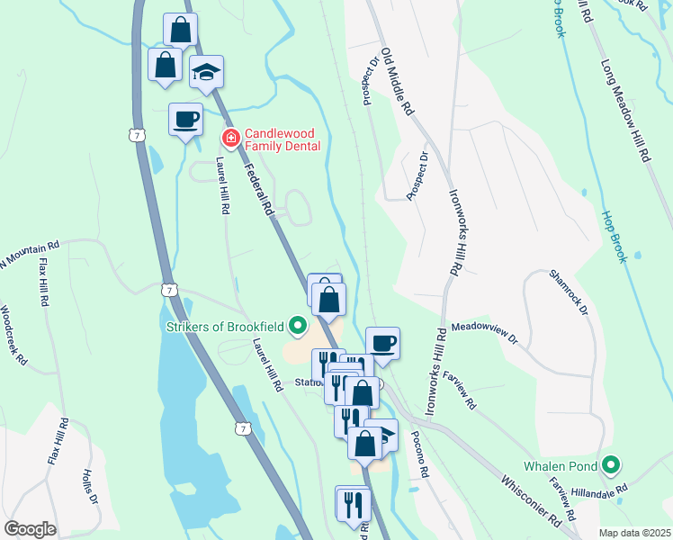 map of restaurants, bars, coffee shops, grocery stores, and more near 871 Federal Road in Brookfield