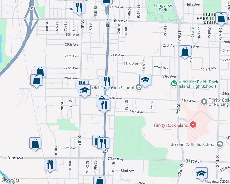 map of restaurants, bars, coffee shops, grocery stores, and more near 2412 12th Street in Rock Island
