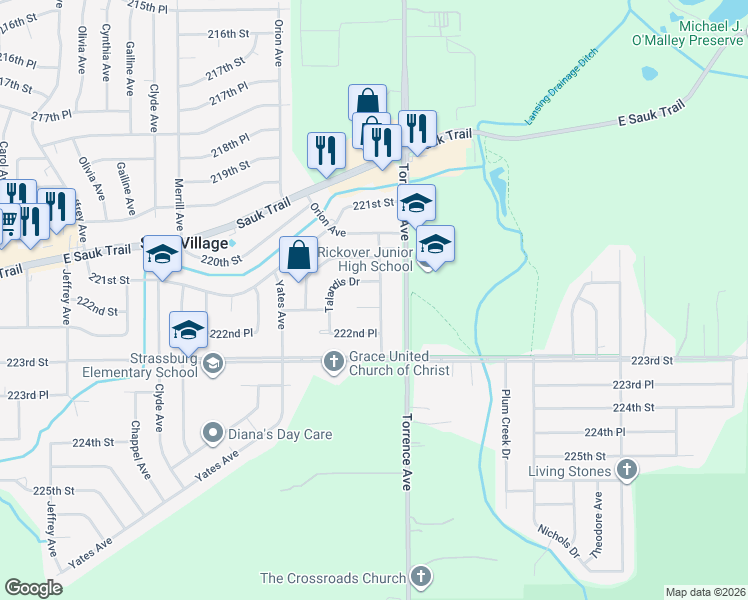map of restaurants, bars, coffee shops, grocery stores, and more near 22164 Navaho Avenue in Sauk Village