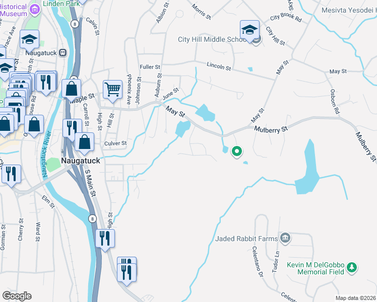 map of restaurants, bars, coffee shops, grocery stores, and more near 18 Woodcrest Drive in Naugatuck