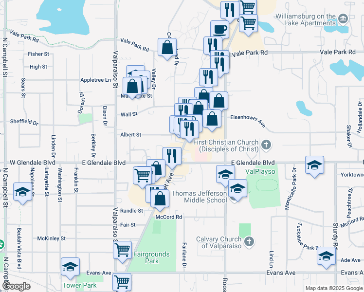 map of restaurants, bars, coffee shops, grocery stores, and more near 848 Albert St in Valparaiso
