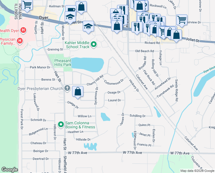 map of restaurants, bars, coffee shops, grocery stores, and more near 701 Cottonwood Dr in Dyer