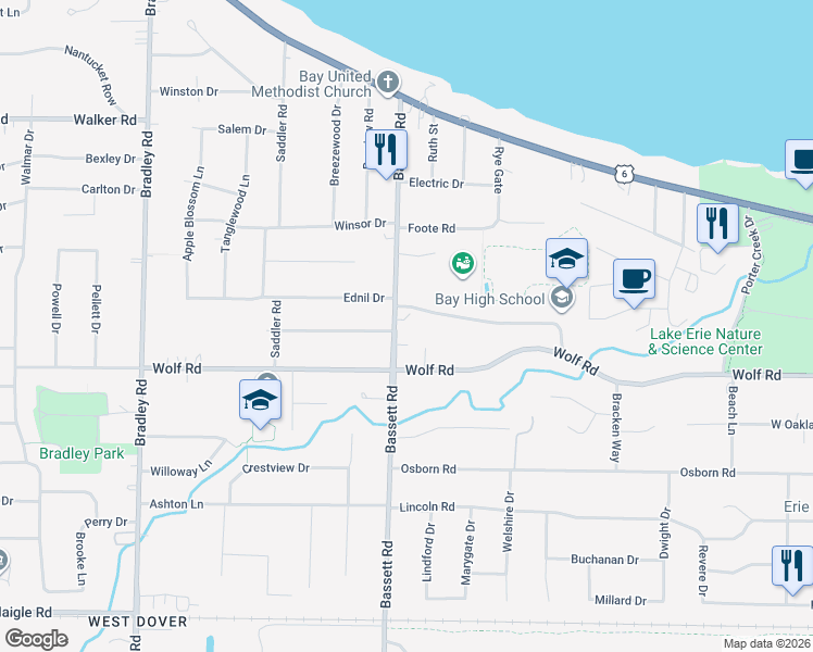 map of restaurants, bars, coffee shops, grocery stores, and more near 427 Bassett Road in Bay Village