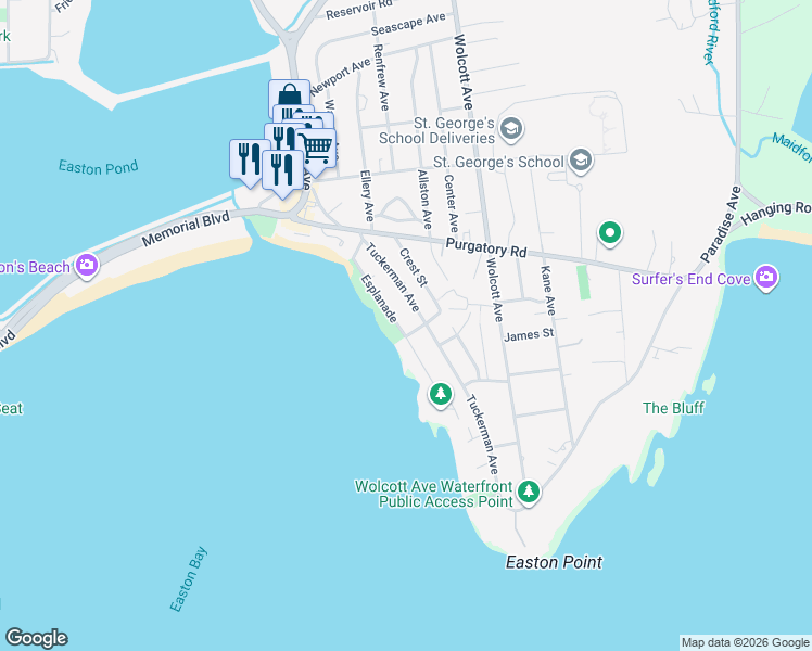 map of restaurants, bars, coffee shops, grocery stores, and more near 112 Esplanade in Middletown