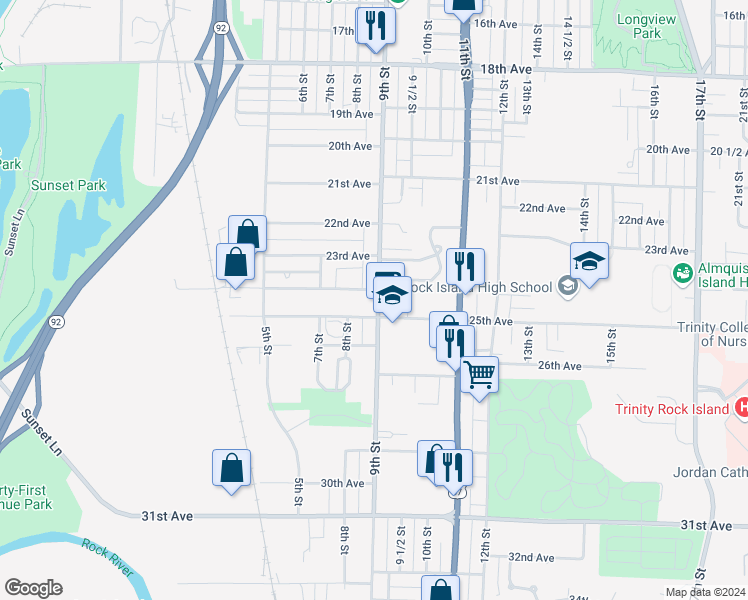 map of restaurants, bars, coffee shops, grocery stores, and more near 2408 Doctor Martin Luther King Jr. Drive in Rock Island