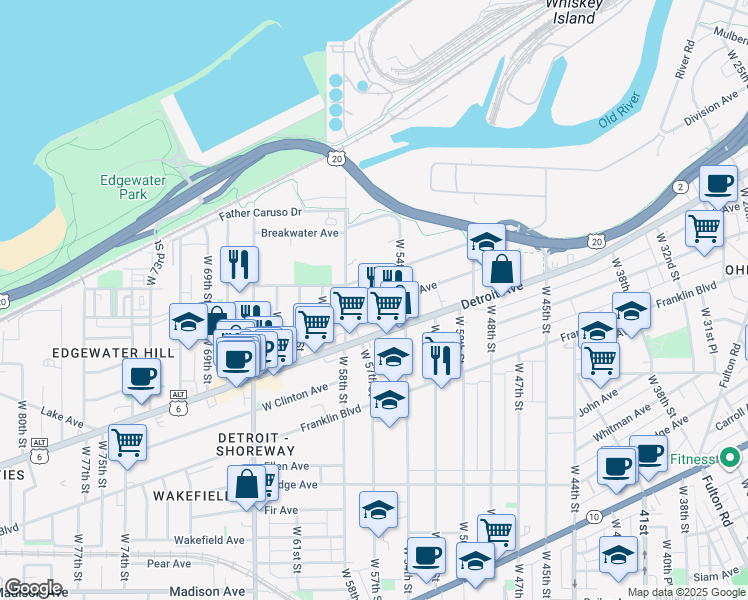 map of restaurants, bars, coffee shops, grocery stores, and more near 5510 Tillman Avenue in Cleveland