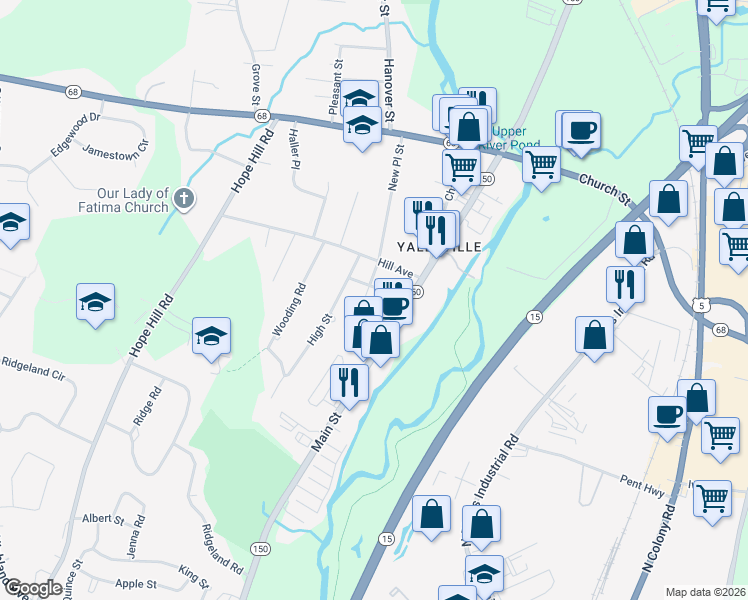 map of restaurants, bars, coffee shops, grocery stores, and more near 16 Cottage Street in Wallingford