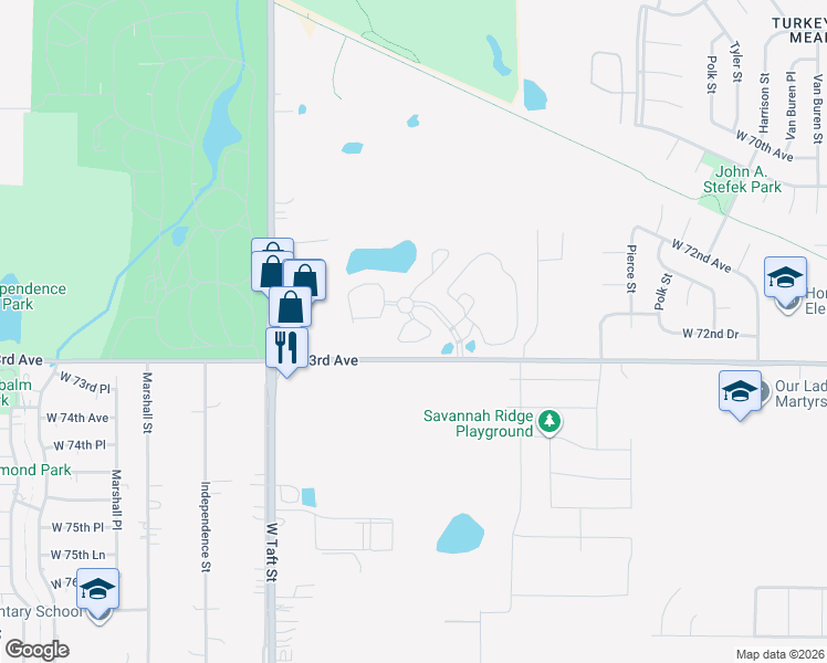 map of restaurants, bars, coffee shops, grocery stores, and more near 7265 McKinley Circle in Merrillville